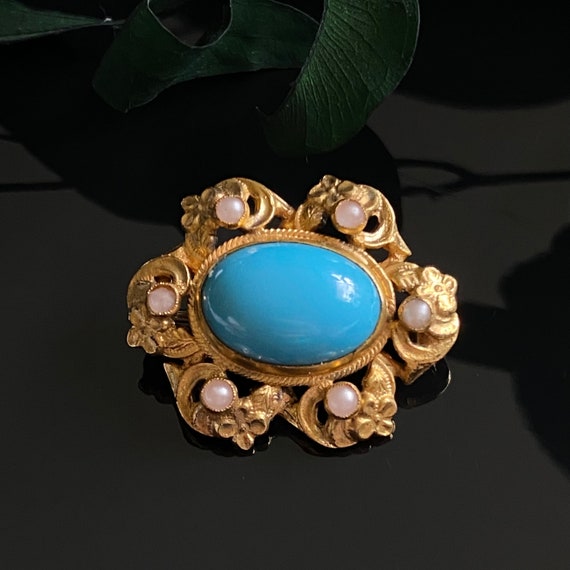 Antique Turquoise Glass Floral Pin Brooch