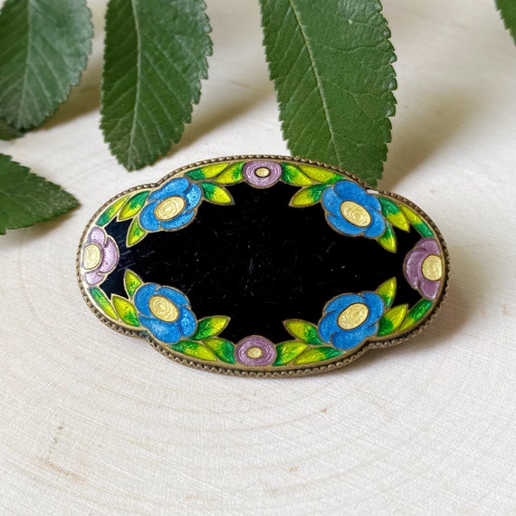 Antique Art Nouveau Enamel Flower Brooch - image 1