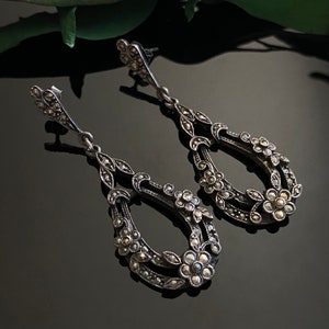 Vintage Sterling Silver Marcasite Floral Drop Earrings