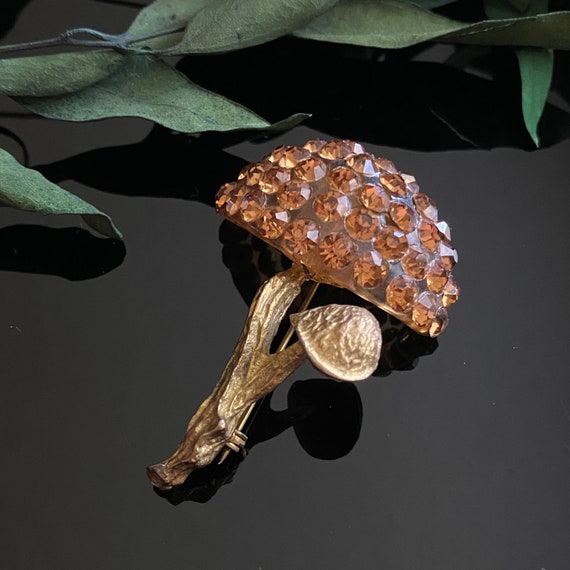 Vintage Celluloid Rhinestone Mushroom Brooch - image 2
