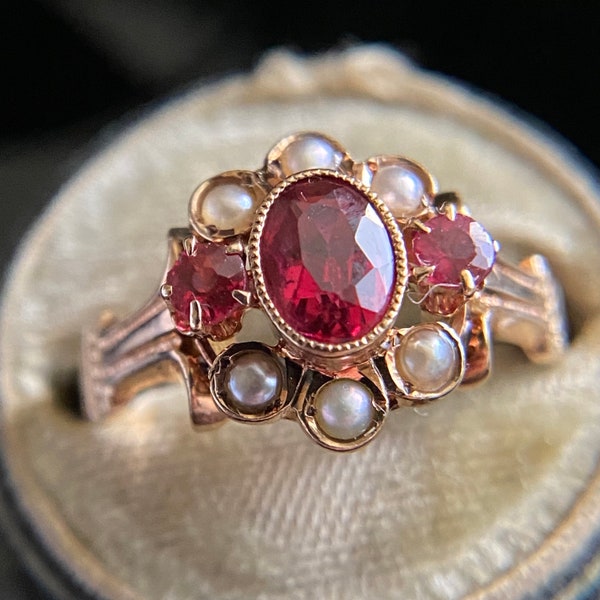 Victorian 10k Gold Allsopp Bros Garnet & Seed Pearl Ring Size 5.5