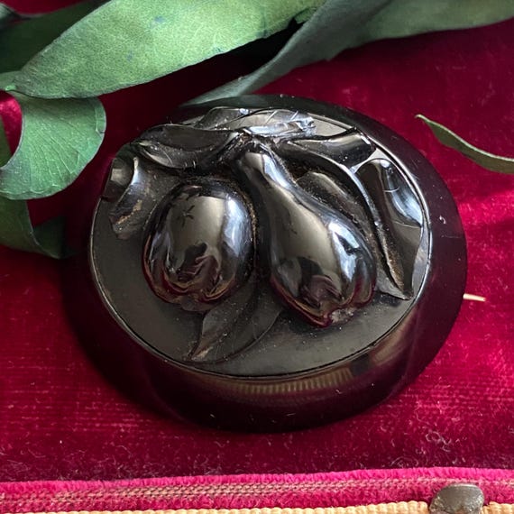 Antique Victorian Whitby Jet Fruit Branch Oval Brooch
