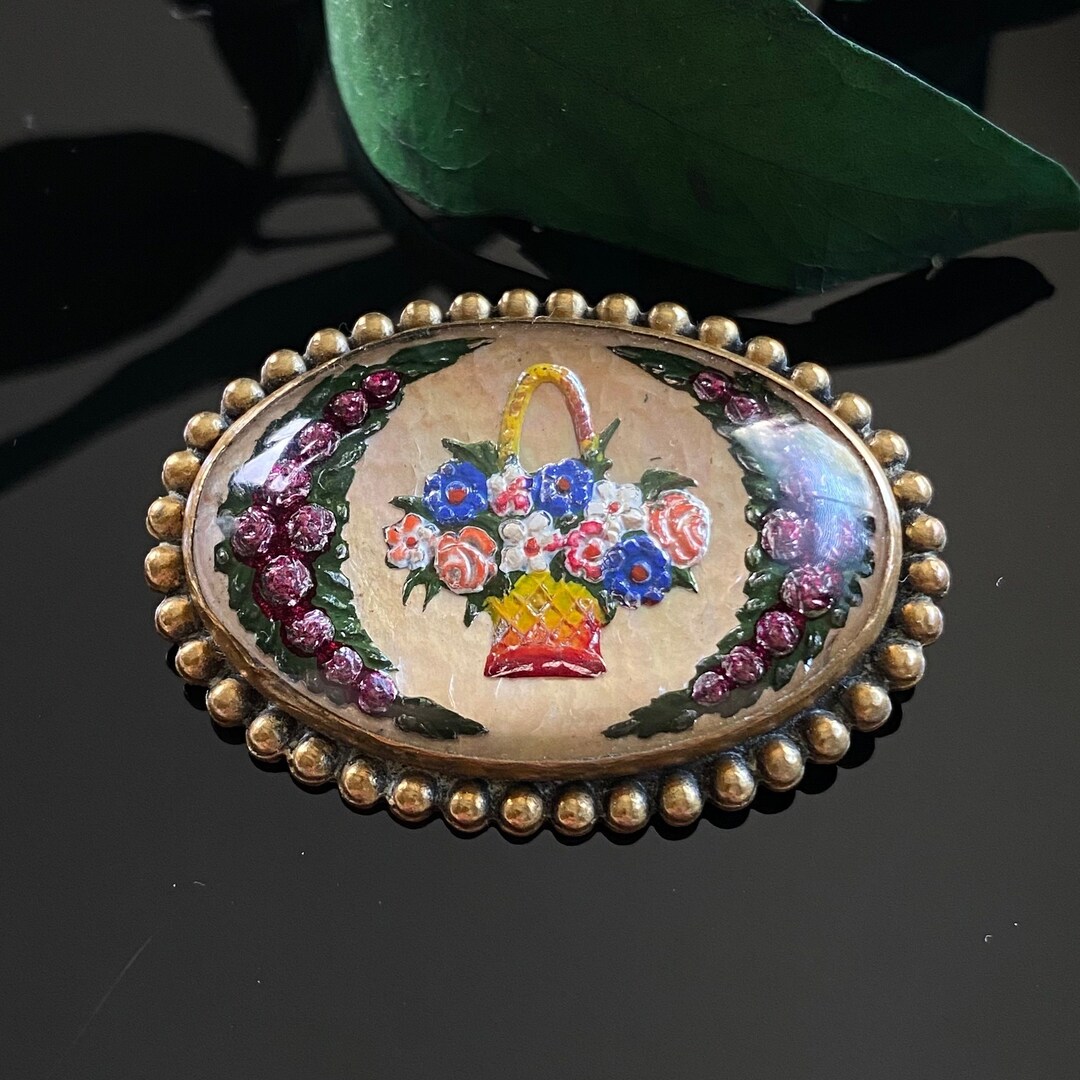 Antique Goofus Glass Flower Bouquet Basket Reverse Intaglio Brooch Etsy