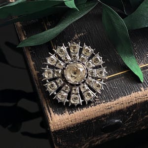 May include: A vintage silver-toned brooch with a central, large, light-yellow gemstone surrounded by smaller, matching stones. The brooch has a sunburst design and is set against a dark, textured background with green leaves.