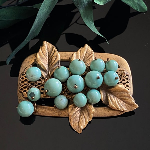 Antique Vintage Turquoise Glass Bead Leaves Brooch