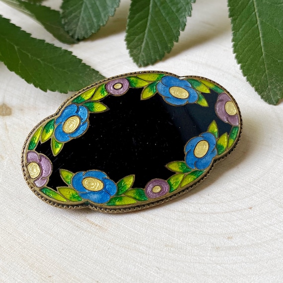 Antique Art Nouveau Enamel Flower Brooch - image 2