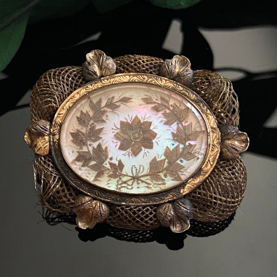 Antique Victorian Mother of Pearl Hairwork Mourni… - image 1