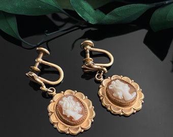 Vintage Gold Filled Genuine Cameo Screwback Drop Dangle Earrings