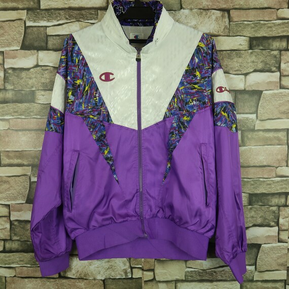 Vintage Champion Teal Purple White Color Block Embroidered Logo Spell Out Light Weight Zip Up Windbreaker Jacket size XL