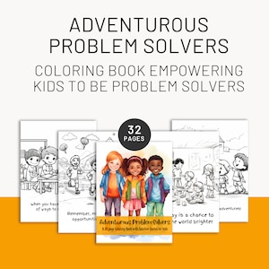 Puede incluir: Varios libros para colorear para niños con el título "Adventurous Problem Solvers" y el lema "Coloring Book Empowering Kids to be Problem Solvers". La portada presenta a tres niños. Cada libro tiene 32 páginas y citas de soluciones.