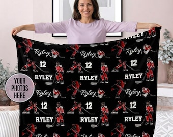 Personalized Hockey Mom Blanket with Pictures and Name, Sports Mom Gift, Custom Mom Photo & Name Blanket, Sports Mom Blanket