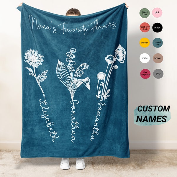 Personalisierte Oma Decke Kundenspezifische Gartendecke mit Namen Geburtsmonatblumengeschenk für Nana von der Enkeltasche Mimi