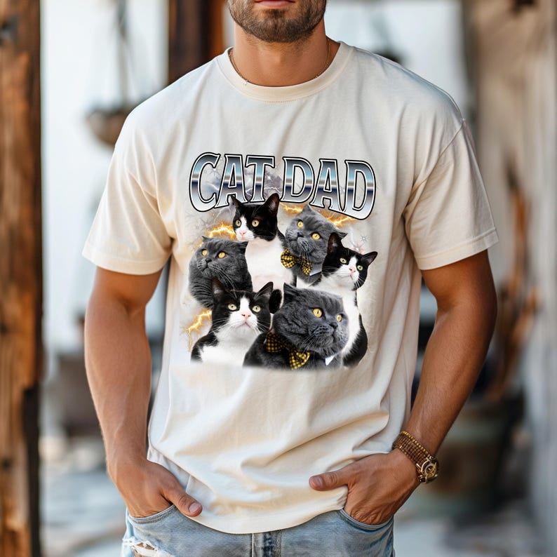 Cat Daddy Photo shirt in retro style, personalized with your cat photos and text or name, add your own photos!