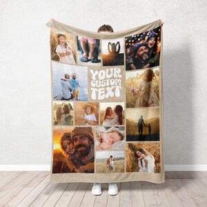 May include: A brown fleece blanket with a collage of family photos. The photos are arranged in a grid pattern and include images of children, adults, and couples. The text "YOUR CUSTOM TEXT" is printed in white on the blanket.