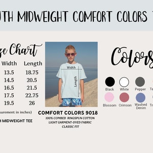 May include: Youth size chart for a midweight t-shirt with a model wearing a light blue t-shirt. The chart shows sizes XS to XL with width and length measurements in inches. The t-shirt is available in 10 colors: black, white, pepper, terracotta, blossom, crimson, washed denim, true navy, heather grey, and light blue.