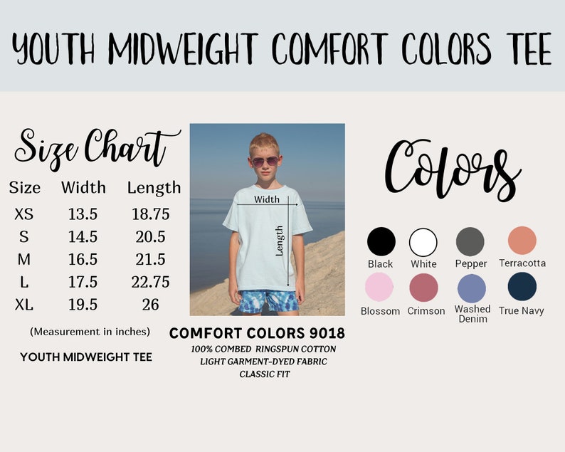 May include: Youth size chart for a midweight t-shirt with a model wearing a light blue t-shirt. The chart shows sizes XS to XL with width and length measurements in inches. The t-shirt is available in 10 colors: black, white, pepper, terracotta, blossom, crimson, washed denim, true navy, heather grey, and light blue.