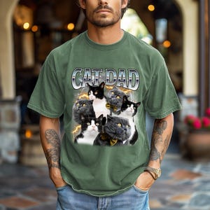 Unique customizable photo shirt, bootleg rap tee with cat photos, pawsome cat dad gift, moss color