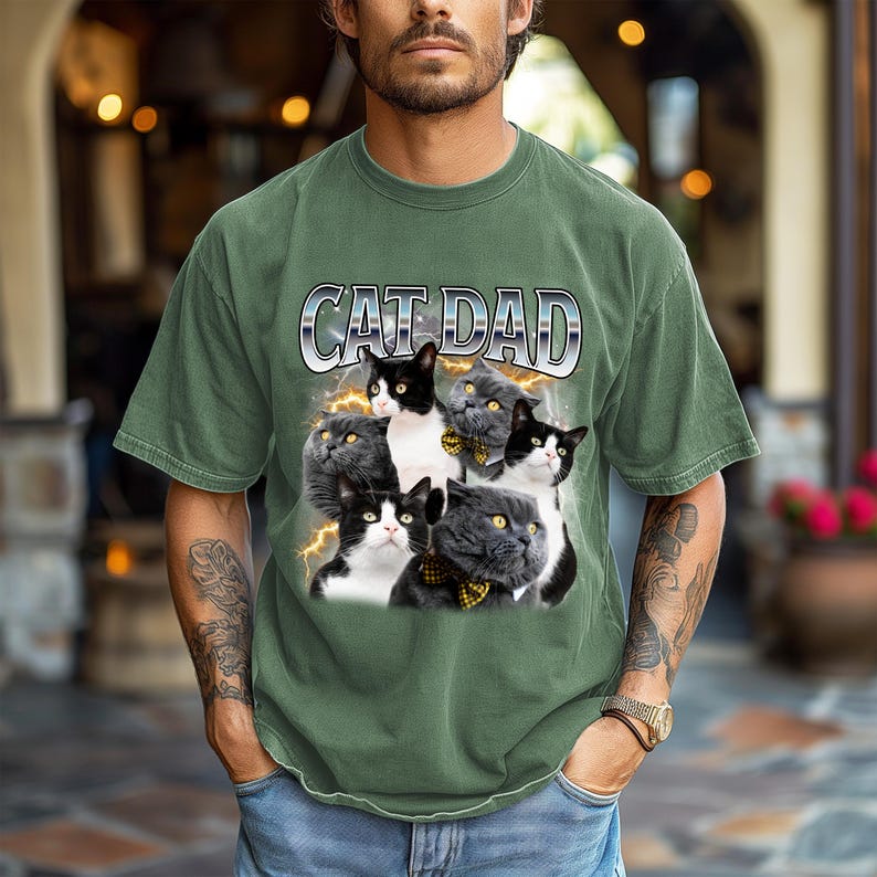 Unique customizable photo shirt, bootleg rap tee with cat photos, pawsome cat dad gift, moss color