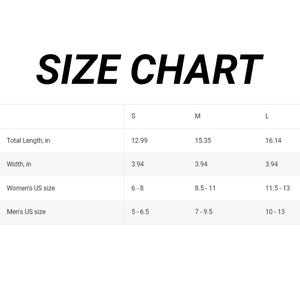 May include: Size chart for shoes, showing total length, width, and US sizes for men and women. Sizes are listed in inches and range from 12.99 to 16.14 inches in length.
