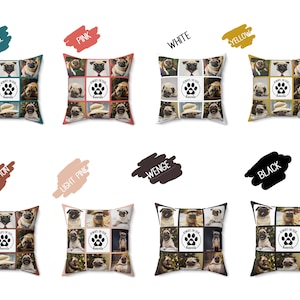 May include: Square decorative throw pillows featuring a collage of pug dog photos. Each pillow has a central square with a paw print and the text "Always in our hearts." Available in teal, pink, white, yellow, cinnamon, light pink, wenge, and black.