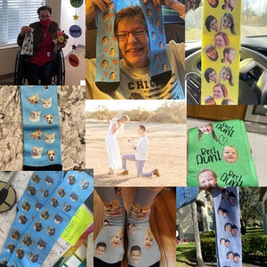 May include: A collage of images featuring various pairs of socks with personalized designs. Some socks feature images of people, while others feature images of animals. The socks are all colorful and fun.