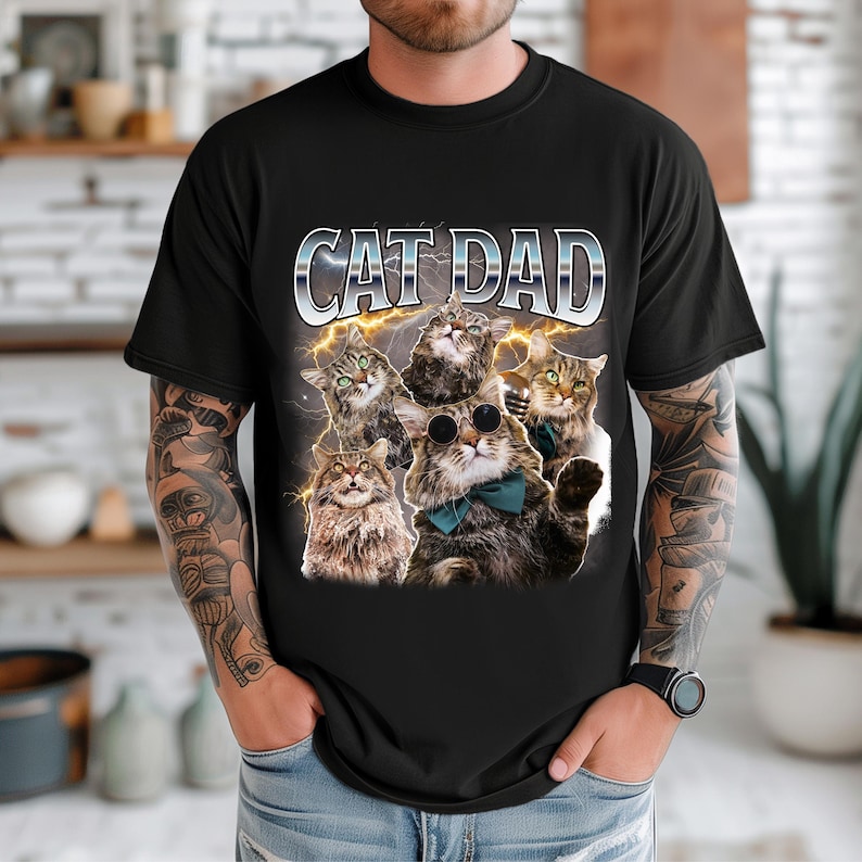 Pawesome cat father gift, perfect Father's day gift idea! Comfort colors shirts in bootleg style, customizable with your own pet pics