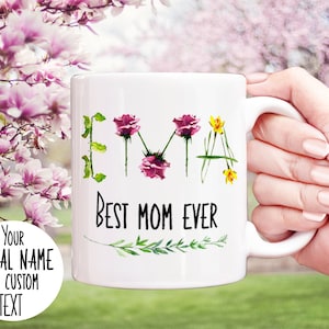 Taza con letras florales, Taza para la mejor mamá, Taza personalizable, Regalo para la bisabuela, Regalo del día de las madres de la hija personalizada, Taza con nombre personalizado