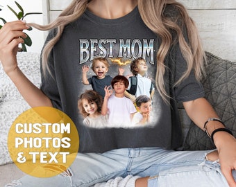 May include: A gray t-shirt with the text "BEST MOM" in silver letters with a lightning bolt. The shirt features a collage of four photos of children.
