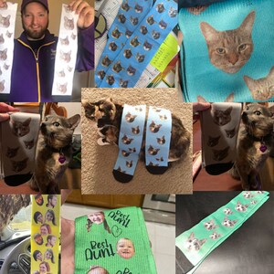 May include: A collage of images featuring custom socks with different designs. The socks feature images of people and animals, including cats and a baby. Some socks have the text "Best Aunt" printed on them.