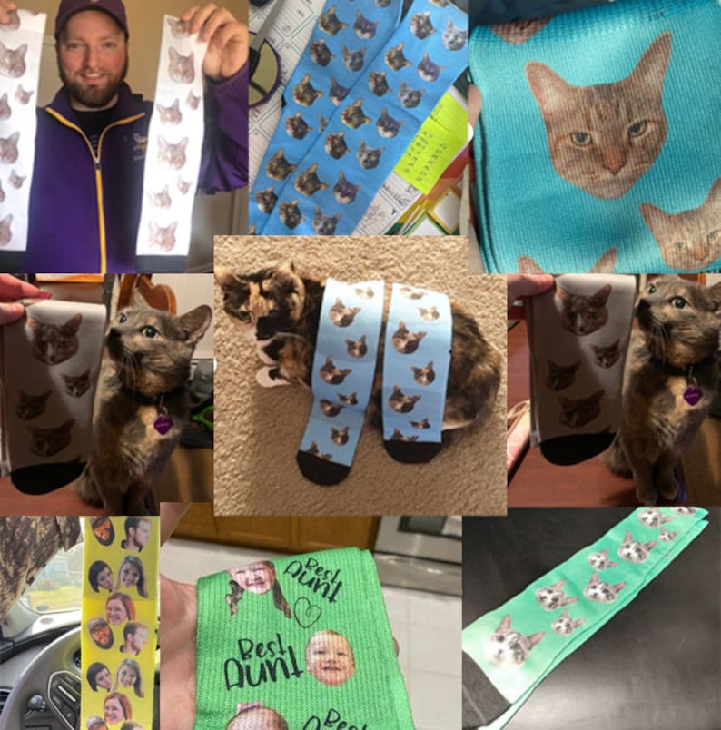 May include: A collage of images featuring custom socks with different designs. The socks feature images of people and animals, including cats and a baby. Some socks have the text "Best Aunt" printed on them.