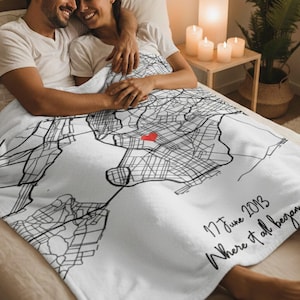 Manta con mapa de ubicación personalizada, manta con mapa personalizada, manta con mapa de dónde nos conocimos, regalo de compromiso, regalo de aniversario para él o ella