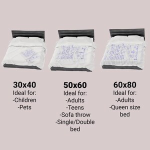 May include: Three beds with white bedding and dark headboards are displayed. The beds are covered with a white blanket with blue text. The sizes are 30x40 inches, 50x60 inches, and 60x80 inches. Text on the image indicates the sizes are ideal for children, adults, teens, and queen-size beds.