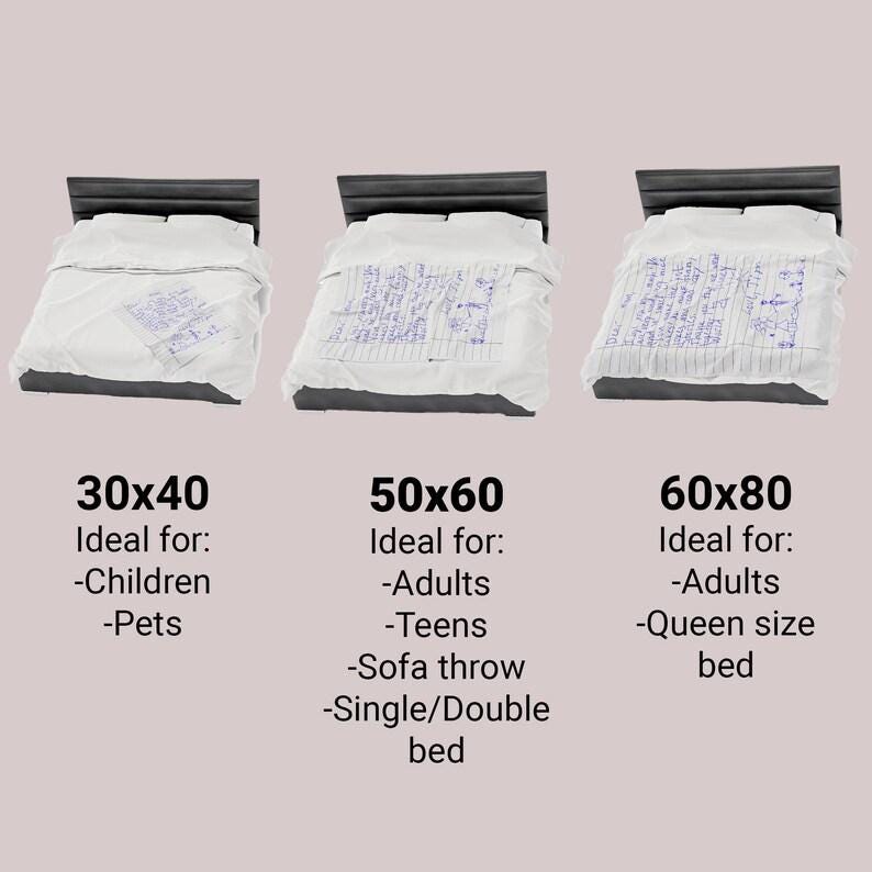 May include: Three beds with white bedding and dark headboards are displayed. The beds are covered with a white blanket with blue text. The sizes are 30x40 inches, 50x60 inches, and 60x80 inches. Text on the image indicates the sizes are ideal for children, adults, teens, and queen-size beds.