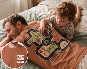Fathers Day Personalized Dad Road Map Shirt, Tired Dads Club Tee, Toy Car Play Shirt for Dad, Custom Kids Name Comfort Colors Tee for Dad