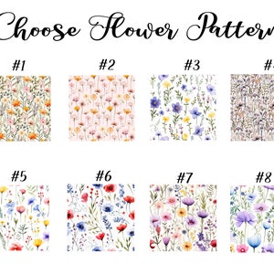K&ouml;nnte beinhalten: Acht verschiedene Blumenmuster mit den Nummern 1 bis 8. Jedes Muster zeigt eine andere Kombination aus Blumen und Farben, darunter Rosa, Blau, Gelb, Rot und Gr&uuml;n.