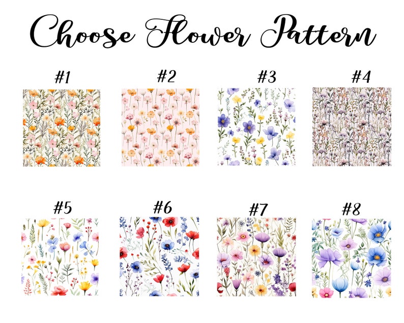 K&ouml;nnte beinhalten: Acht verschiedene Blumenmuster mit den Nummern 1 bis 8. Jedes Muster zeigt eine andere Kombination aus Blumen und Farben, darunter Rosa, Blau, Gelb, Rot und Gr&uuml;n.