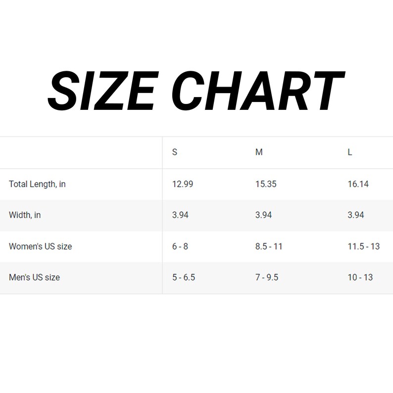 May include: Size chart for a shoe with measurements in inches for total length and width, and US shoe sizes for men and women.