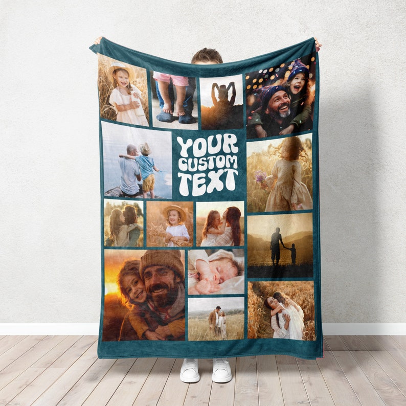 May include: A teal blue fleece blanket with a collage of 12 photos of a family. The photos are arranged in a grid pattern and include images of children, adults, and a baby. The text "YOUR CUSTOM TEXT" is printed in white on the blanket.