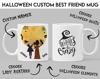 Tazas de Halloween, Taza de bruja, Taza de mejores amigos personalizada, Nombre de taza de café personalizado