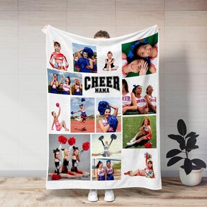 Custom Mother's Day blanket for Cheer Moms featuring a collage of cheerleading photos