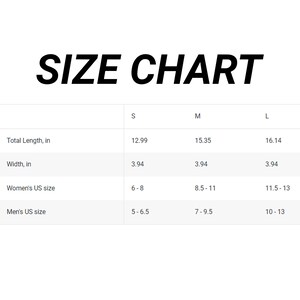 May include: Size chart for a shoe with measurements in inches for total length and width, and US shoe sizes for men and women.