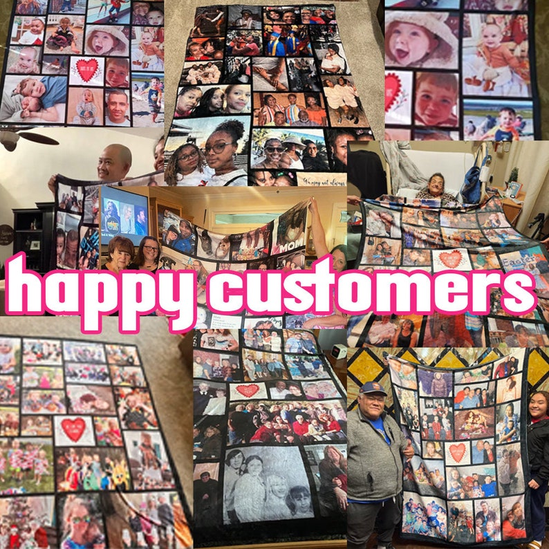 K&ouml;nnte beinhalten: Gl&uuml;ckliche Kunden halten personalisierte Fotodecken. Die Decken sind schwarz mit wei&szlig;en R&auml;ndern und zeigen eine Fotocollage. Einige Decken haben ein Herz in der Mitte.