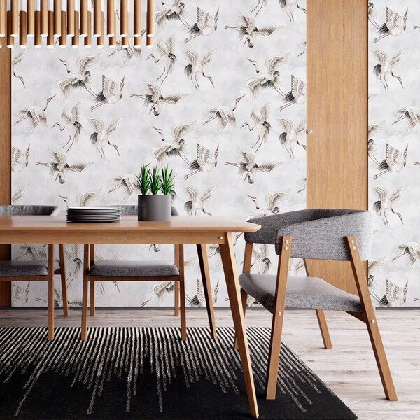 Chinoiserie Bird Wallpaper,removeable non woven wallpaper, crane wallpaper in middle-century Style