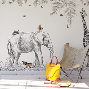 Jungle sketch forest safari animals Wallpaper, non-woven wallpaper, peel and stick wallpaper