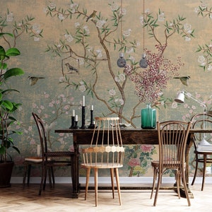 Vintage Chinoiserie Birds Wallpaper Watercolor hand drawn floral pattern ancient Wallpaper, non-woven wall paper, peel and stick wallpaper