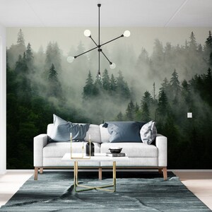 Misty Forest, Foggy Forest Wallpaper, removeable wallpaper,  photo wall photo mural, Fototapeta Tapeta, peel and stick wallpaper