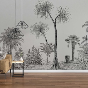 Panoramic Tropical Garden of wild ancient jungle woods Vintage Wallpaper in Black and White , removable wallpaper, peel and stick wallpaper
