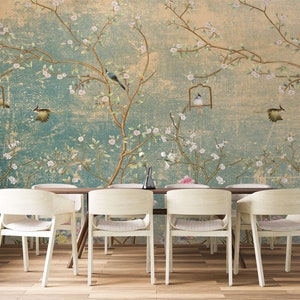 Vintage Chinoiserie Wallpaper with Birds floral ancient Wallpaper, non-woven wallpaper, peel and stick wallpaper