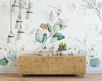 Green and Gold Leaves Removable Temporary Wallpaper, Peel and Stick, Self-Adhesive Reusable Wall Mural, Nursery, decor, Removable wallpaper