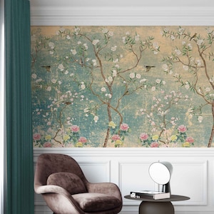 Vintage Chinoiserie Wallpaper with Watercolor handdrawn Birds and floral ancient Wallpaper, non-woven wallpaper, peel and stick wallpaper